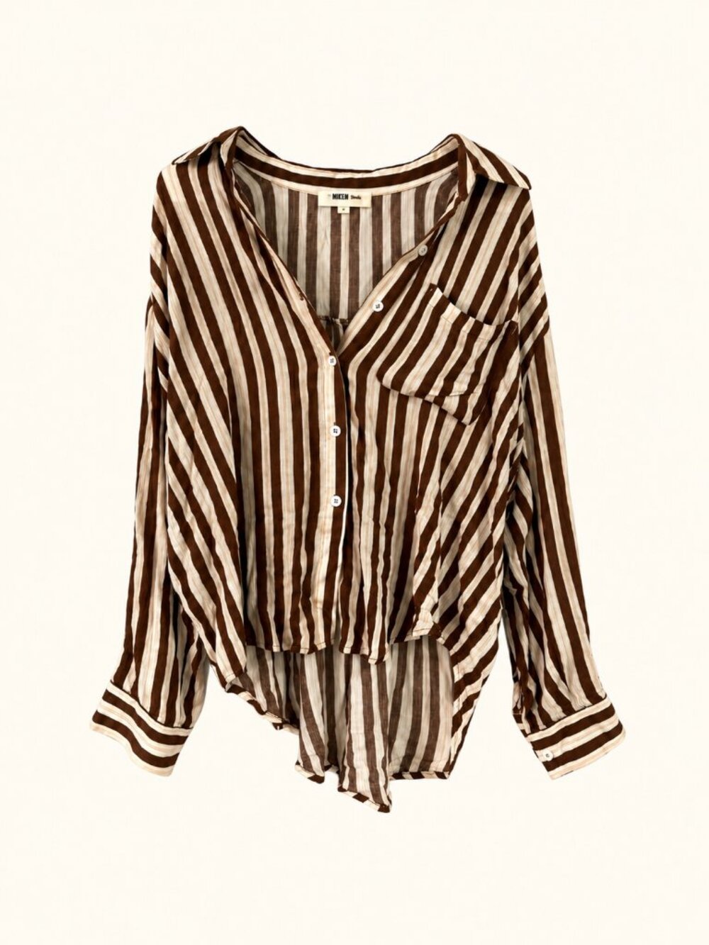 Miken Swim Brown Cream Striped Button-Up Cover-Up Shirt S